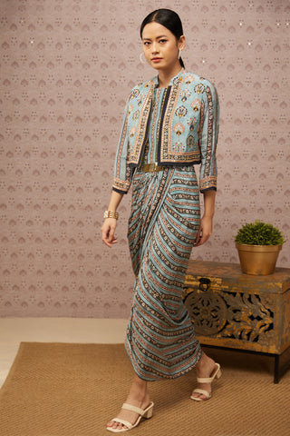 Soup By Sougat Paul-Blue Sarouk Printed Drape Dress With Jacket-INDIASPOPUP.COM