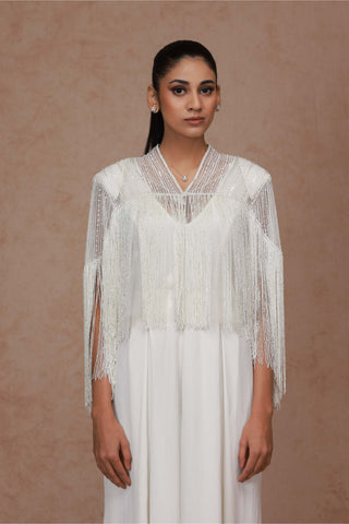 Shriya Som-Ivory Fringe Capelet With Jumpsuit-INDIASPOPUP.COM