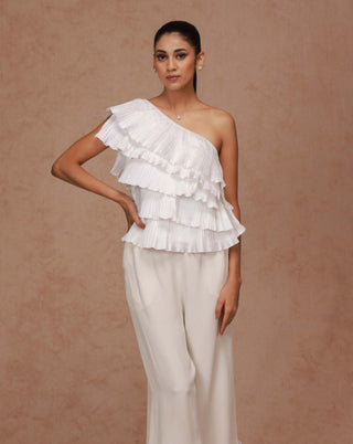 Shriya Som-Ivory Pleated One Shoulder Ruffle Top-INDIASPOPUP.COM