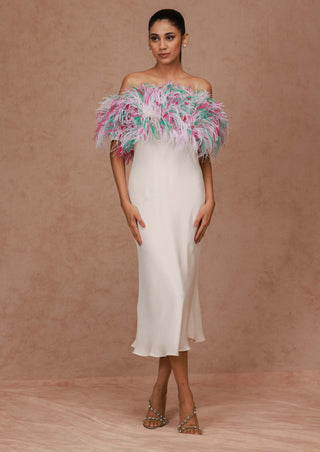 Shriya Som-White Midi Dress With Multicolor Feathers-INDIASPOPUP.COM