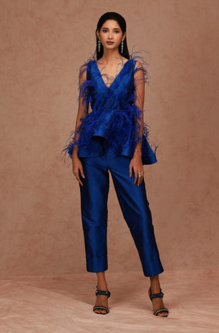 Shriya Som-Bright Blue Feather Peplum With Pant-INDIASPOPUP.COM