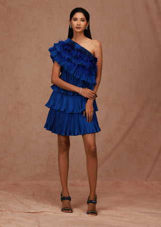 Shriya Som-Bright Blue One Shoulder Taffeta Dress-INDIASPOPUP.COM