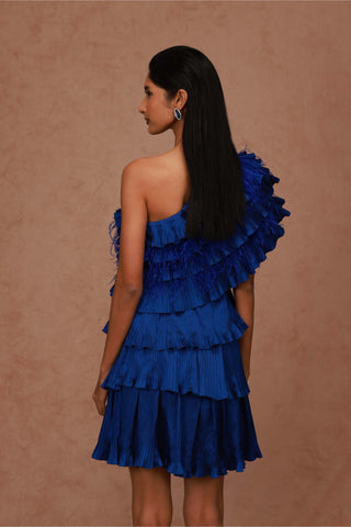 Shriya Som-Bright Blue One Shoulder Taffeta Dress-INDIASPOPUP.COM