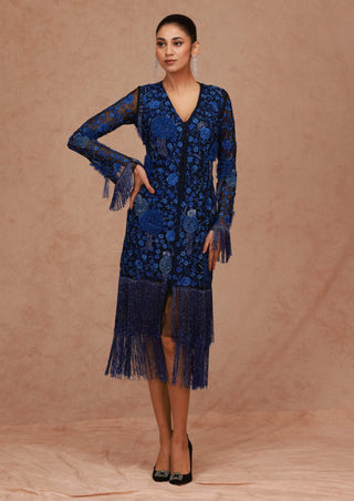 Shriya Som-Blue Black Floral Fringe Jacket Dress-INDIASPOPUP.COM