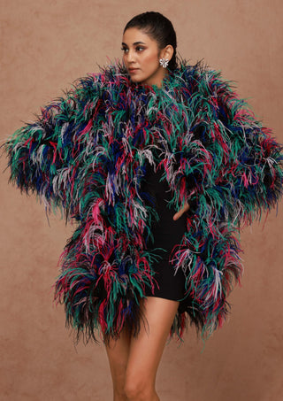 Shriya Som-Black Multicolor Feather Peacoat-INDIASPOPUP.COM