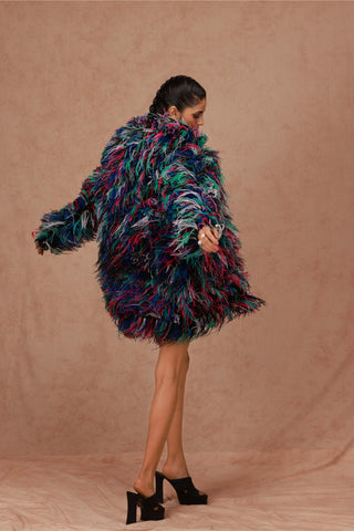Shriya Som-Black Multicolor Feather Peacoat-INDIASPOPUP.COM