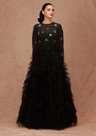 Shriya Som-Black Crystal Embellished Feather Gown-INDIASPOPUP.COM