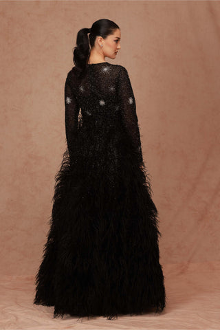 Shriya Som-Black Crystal Embellished Feather Gown-INDIASPOPUP.COM
