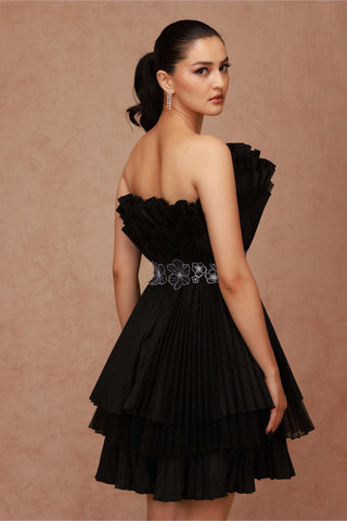 Shriya Som-Black Pleated Taffeta Cabbage Dress With Belt-INDIASPOPUP.COM