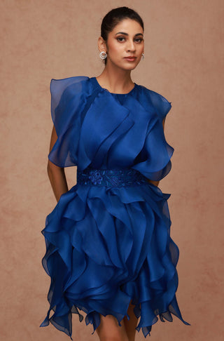 Shriya Som-Bright Blue Organza Ruffle Dress With Belt-INDIASPOPUP.COM