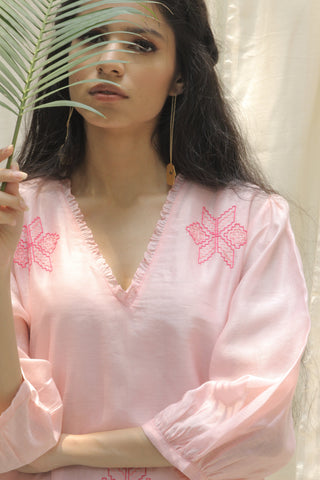 Shivani Bhargava-Baby Pink Ombre Embroidered V-Neck Dress-INDIASPOPUP.COM
