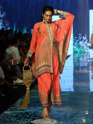 Rajdeep Ranawat-Coral Silk Kaftan Tunic Shirt-INDIASPOPUP.COM