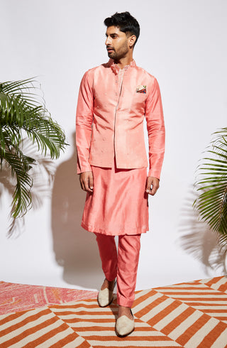 Sva By Sonam And Paras Modi-Pink Kurta Set With Embellished Collar And Bundi-INDIASPOPUP.COM