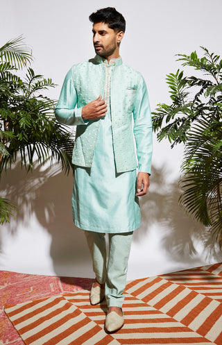 Sva By Sonam And Paras Modi-Mint Kurta Set And Embroidered Bundi-INDIASPOPUP.COM