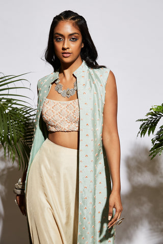 Sva By Sonam And Paras Modi-Biege Mint Ombre Drape Skirt With Structured Jacket.-INDIASPOPUP.COM