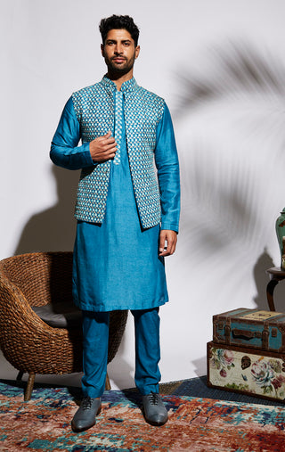 Sva By Sonam And Paras Modi-Blue Kurta Set With Embellished Bundi-INDIASPOPUP.COM