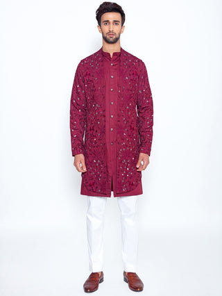 Arjun Kilachand-Sangria Round Hem Long Bundi Set-INDIASPOPUP.COM
