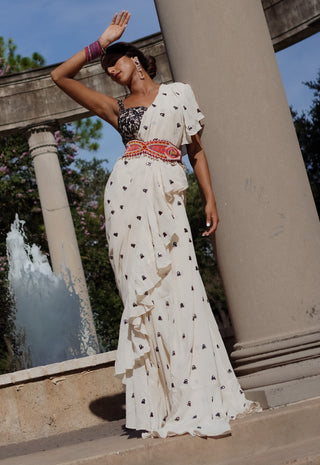 Tamanna Punjabi Kapoor-Ivory Georgette Ruffle Saree-INDIASPOPUP.COM
