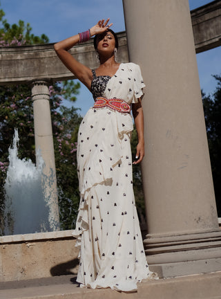 Tamanna Punjabi Kapoor-Ivory Georgette Ruffle Saree-INDIASPOPUP.COM