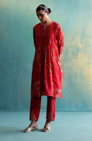 Shivani Bhargava-Red Chanderi Cape With Pant-INDIASPOPUP.COM