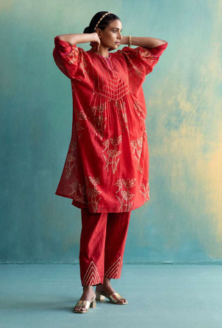 Shivani Bhargava-Red Chanderi Cape With Pant-INDIASPOPUP.COM