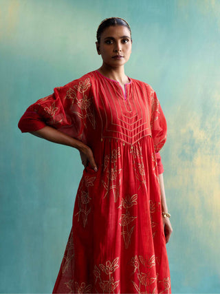 Shivani Bhargava-Red Chanderi Cape With Pant-INDIASPOPUP.COM