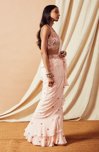 Tamanna Punjabi Kapoor-Peach Ruffle Saree Set-INDIASPOPUP.COM