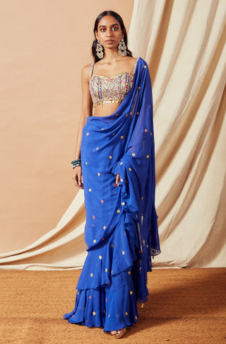 Tamanna Punjabi Kapoor-Royal Blue Ruffle Saree Set-INDIASPOPUP.COM