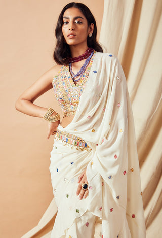 Tamanna Punjabi Kapoor-Ivory Ruffle Saree Set-INDIASPOPUP.COM