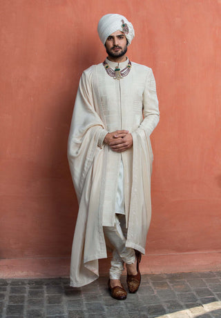 Nitika Gujral Men-Ivory Geometric Embroidered Achkan Set-INDIASPOPUP.COM