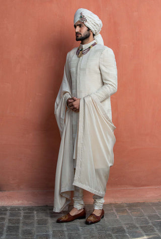 Nitika Gujral Men-Ivory Geometric Embroidered Achkan Set-INDIASPOPUP.COM