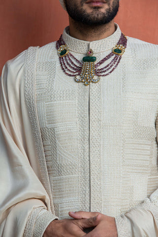 Nitika Gujral Men-Ivory Geometric Embroidered Achkan Set-INDIASPOPUP.COM