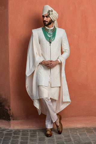 Nitika Gujral Men-Ivory Embroidered Raw Silk Achkan Set-INDIASPOPUP.COM