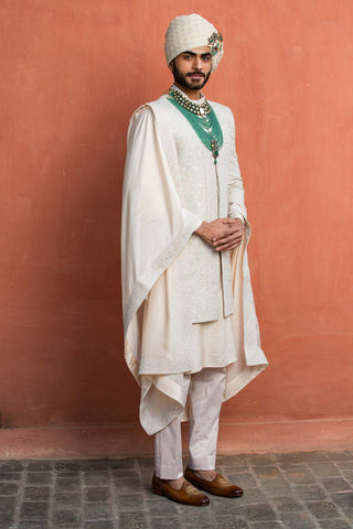 Nitika Gujral Men-Ivory Embroidered Raw Silk Achkan Set-INDIASPOPUP.COM