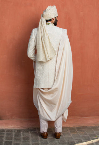 Nitika Gujral Men-Ivory Embroidered Raw Silk Achkan Set-INDIASPOPUP.COM