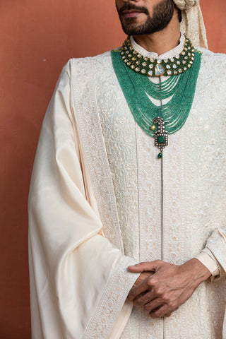 Nitika Gujral Men-Ivory Embroidered Raw Silk Achkan Set-INDIASPOPUP.COM