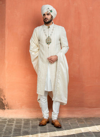 Nitika Gujral Men-Cream Matka Embroidered Achkan Set-INDIASPOPUP.COM