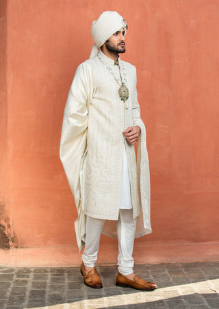 Nitika Gujral Men-Cream Matka Embroidered Achkan Set-INDIASPOPUP.COM