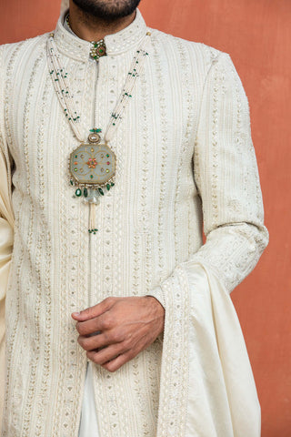 Nitika Gujral Men-Cream Matka Embroidered Achkan Set-INDIASPOPUP.COM