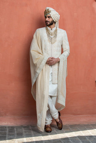 Nitika Gujral Men-Beige Monga Embroidered Achkan Set-INDIASPOPUP.COM