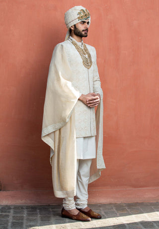 Nitika Gujral Men-Beige Monga Embroidered Achkan Set-INDIASPOPUP.COM