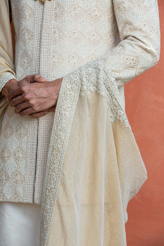 Nitika Gujral Men-Beige Monga Embroidered Achkan Set-INDIASPOPUP.COM