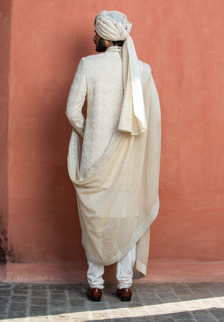 Nitika Gujral Men-Beige Monga Embroidered Achkan Set-INDIASPOPUP.COM