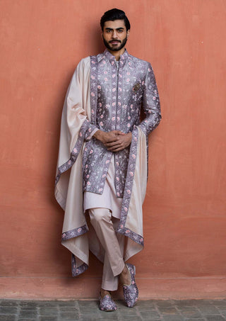 Nitika Gujral Men-Lilac Tafetta Embroidered Achkan Set-INDIASPOPUP.COM