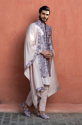 Nitika Gujral Men-Lilac Tafetta Embroidered Achkan Set-INDIASPOPUP.COM