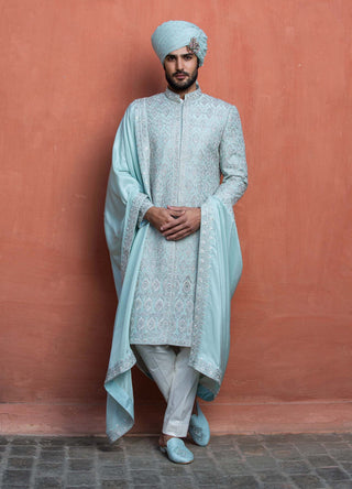 Nitika Gujral Men-Aqua Blue Embroidered Achkan Set-INDIASPOPUP.COM