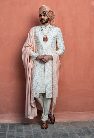 Nitika Gujral Men-Ivory Raw Silk Sherwani Set-INDIASPOPUP.COM
