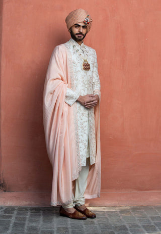 Nitika Gujral Men-Ivory Raw Silk Sherwani Set-INDIASPOPUP.COM