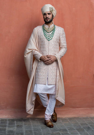 Nitika Gujral Men-Nude Embroidered Sherwani Kurta Set-INDIASPOPUP.COM
