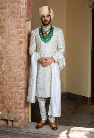 Nitika Gujral Men-Ivory Embroidered Achkan Set-INDIASPOPUP.COM